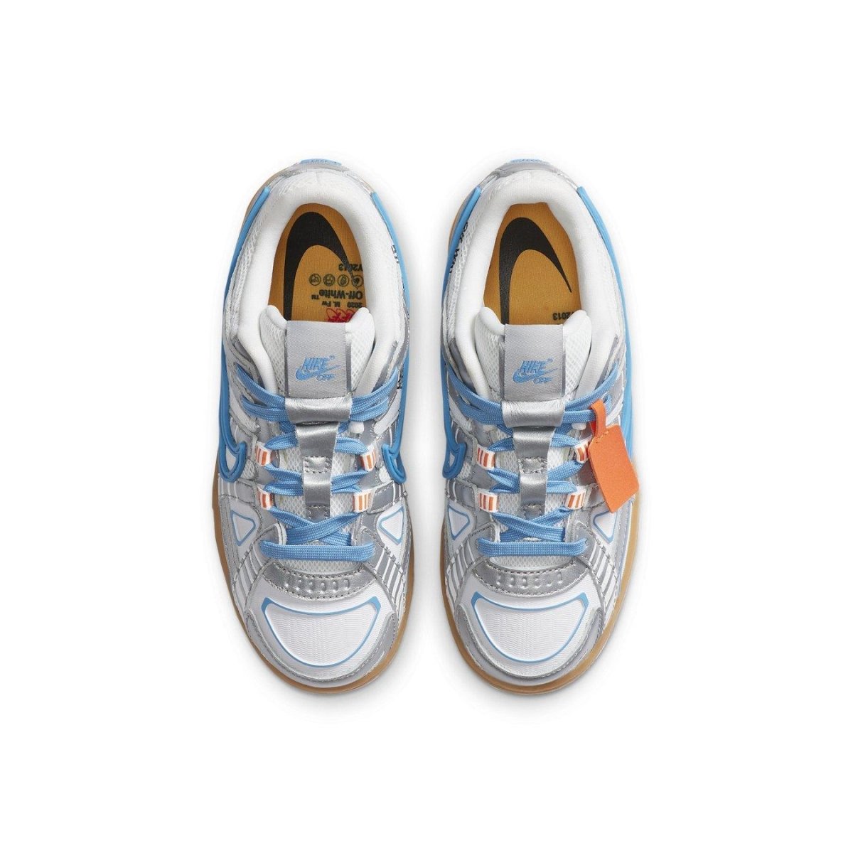 Nike Air Rubber Dunk Off-White University Blue top view showcasing mesh upper and reflective overlays.