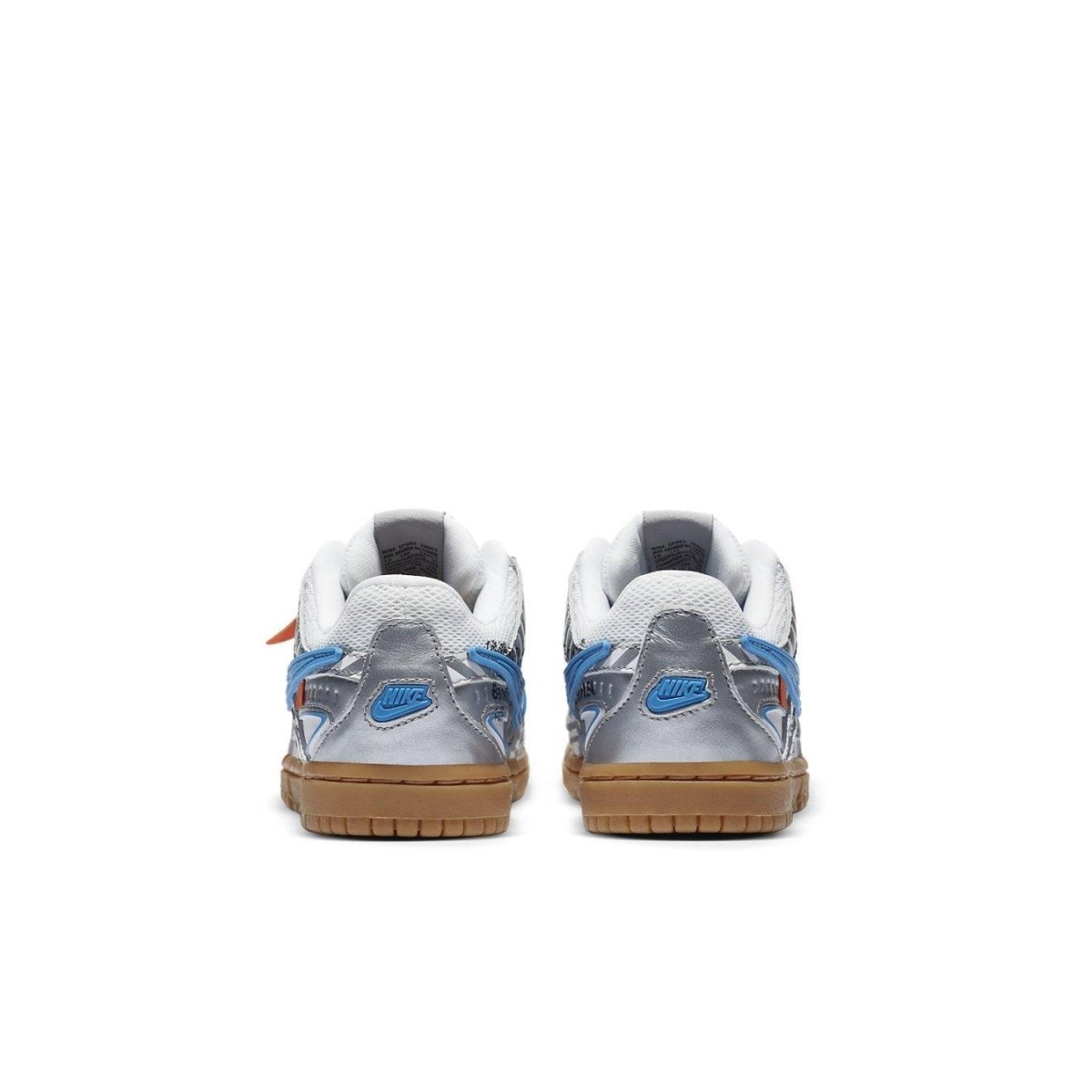 Nike Air Rubber Dunk Off-White University Blue PS sneakers, showing the rear view with mesh and silver overlays.