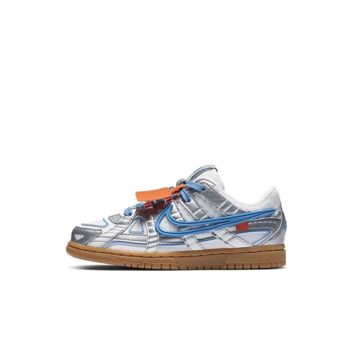 Nike Air Rubber Dunk Off-White University Blue PS, featuring white mesh upper, blue accents, and reflective silver overlays.