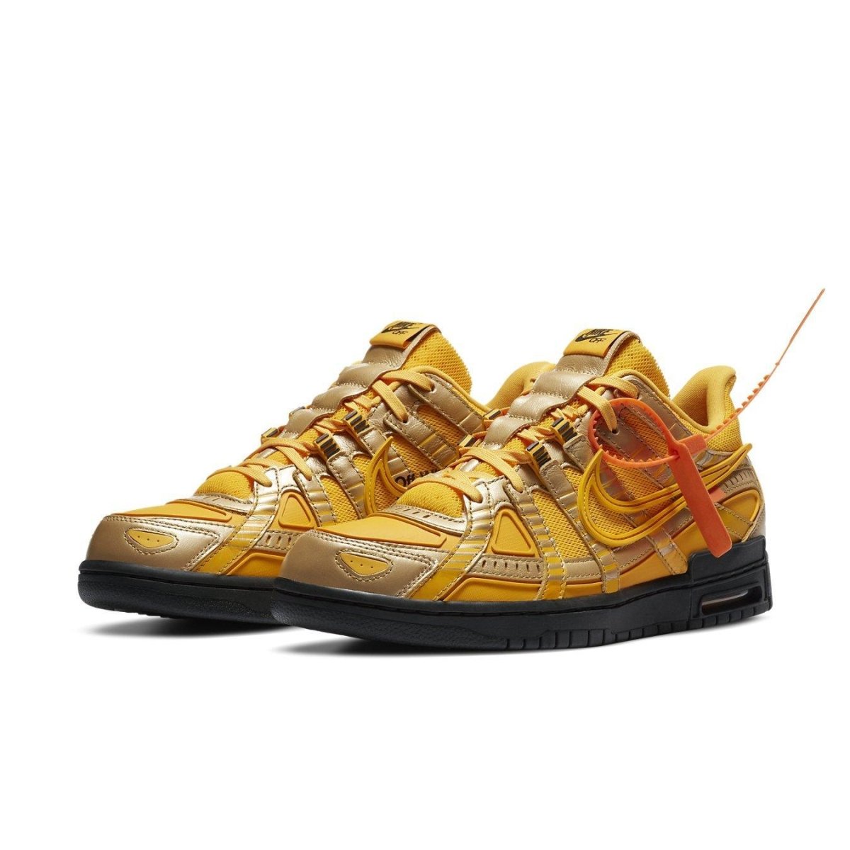 Nike Air Rubber Dunk Off-White University Gold sneakers featuring a striking gold colorway and unique design.