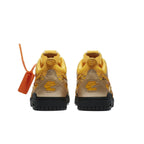 Nike Air Rubber Dunk Off-White University Gold rear view with vibrant yellow detailing and black sole.