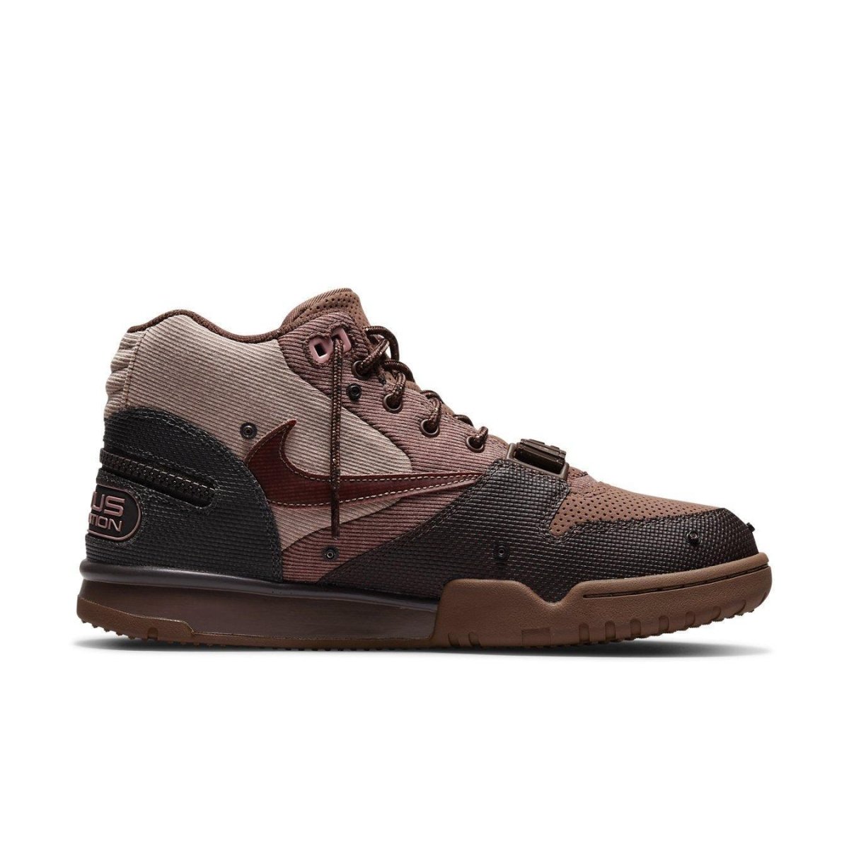 Nike Air Trainer 1 SP Travis Scott Wheat sneaker featuring a mix of brown and gray colorways with a unique Swoosh design.