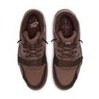 Nike Air Trainer 1 SP Travis Scott 'Wheat' sneaker in brown and gray, featuring laces and adjustable strap.