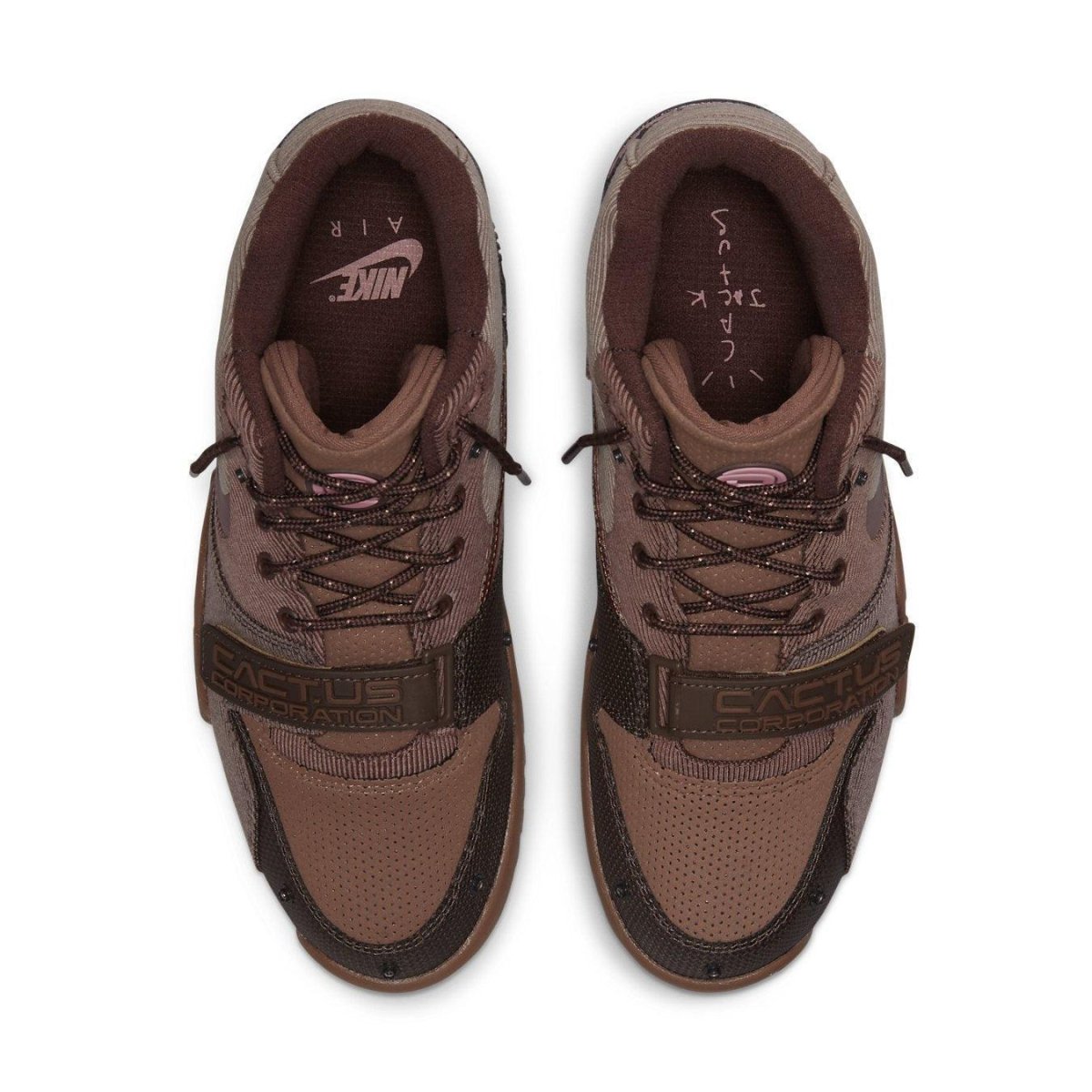 Nike Air Trainer 1 SP Travis Scott 'Wheat' sneaker in brown and gray, featuring laces and adjustable strap.
