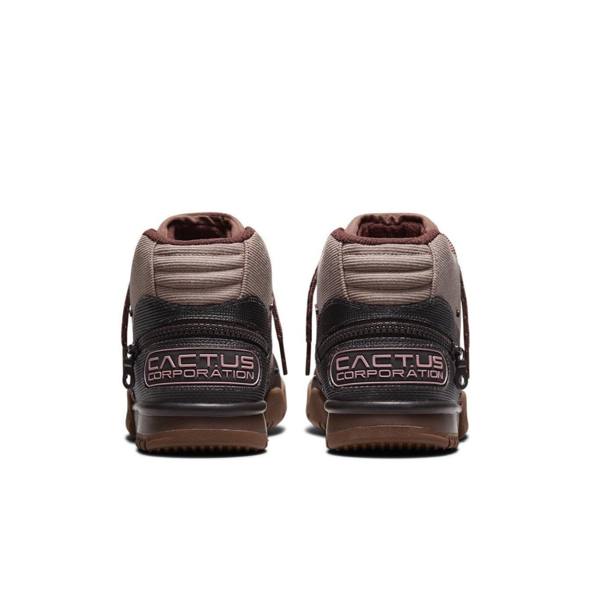 Rear view of Travis Scott x Nike Air Trainer 1 SP 'Wheat' showcasing Cactus Corporation branding.