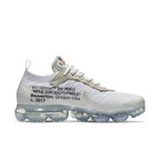 Nike Air Vapormax Off-White 2018 in white Flyknit with signature details and transparent sole.