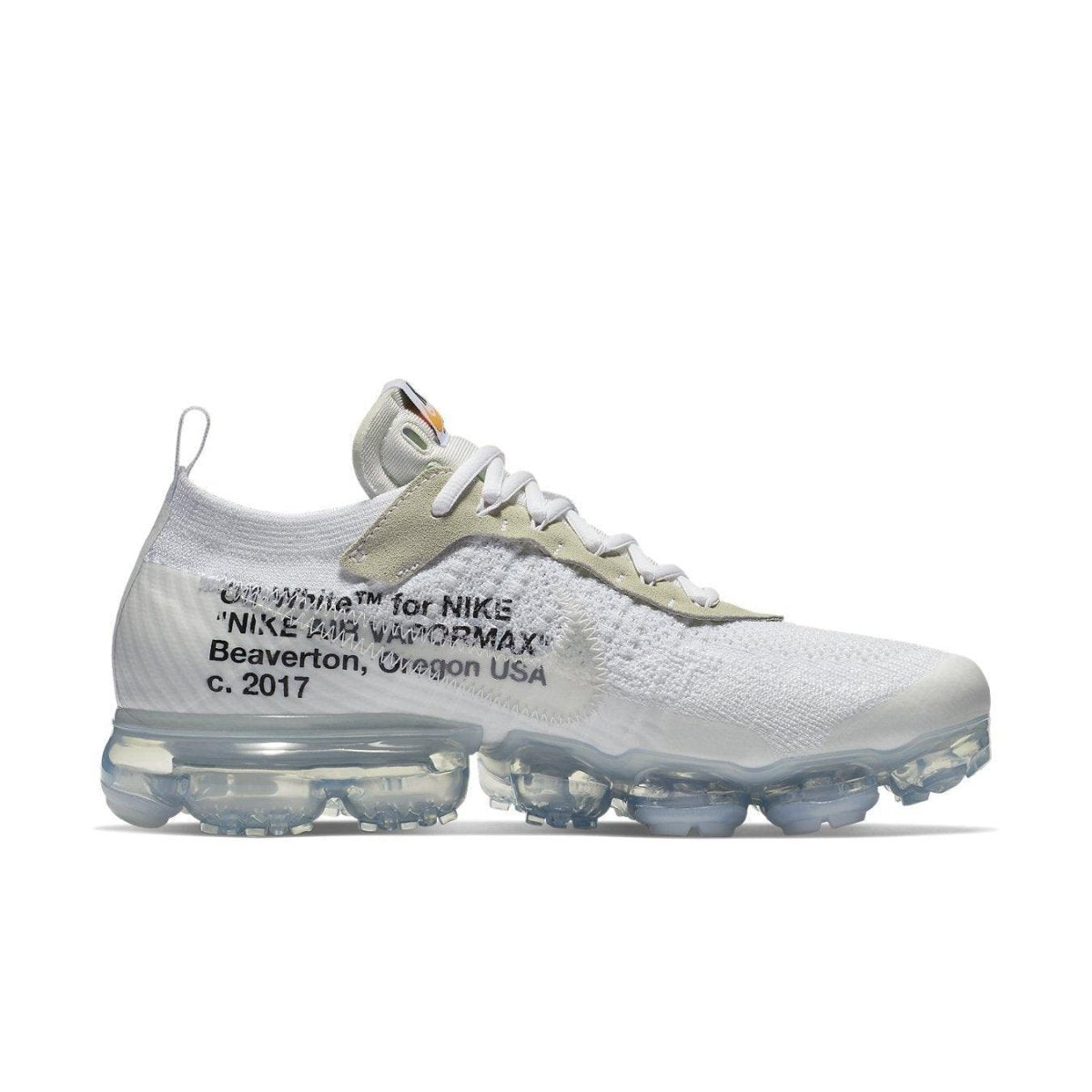 Nike Air Vapormax Off-White 2018 in white Flyknit with signature details and transparent sole.