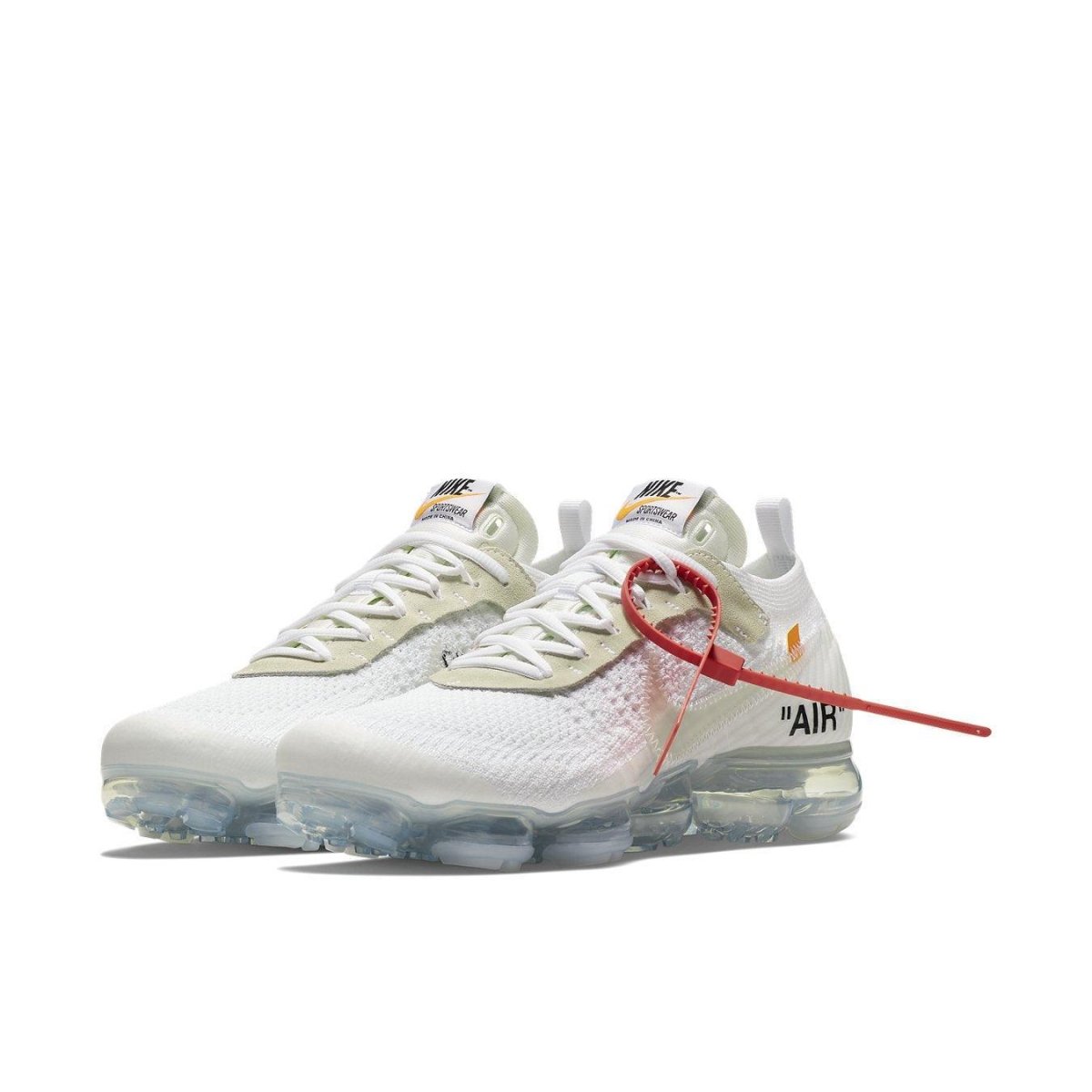 Nike Air Vapormax Off-White 2018 in white Flyknit with red tag, featuring stitched Swoosh and 'AIR' text.