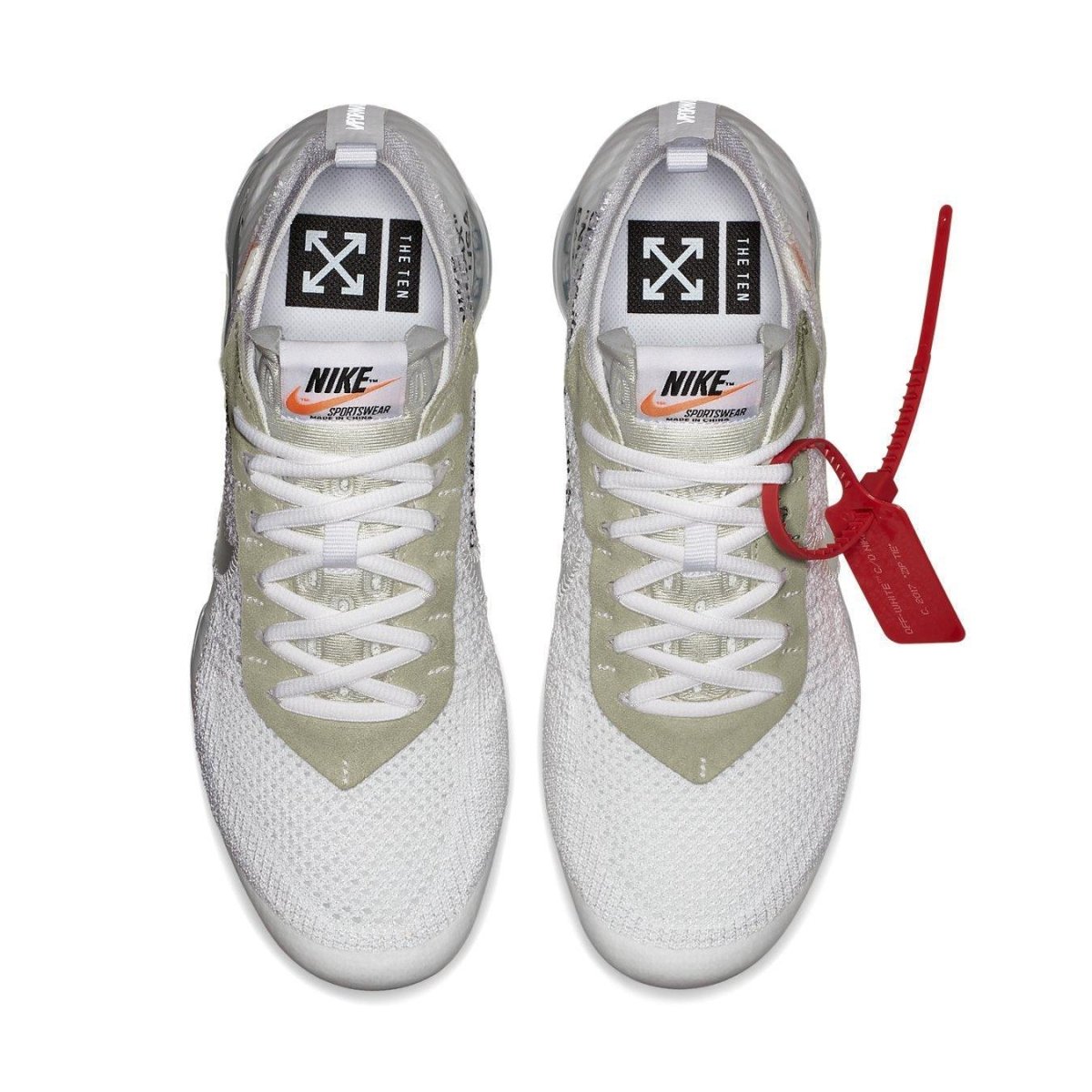 Nike Air Vapormax Off-White 2018 top view with white Flyknit and signature Off-White details.