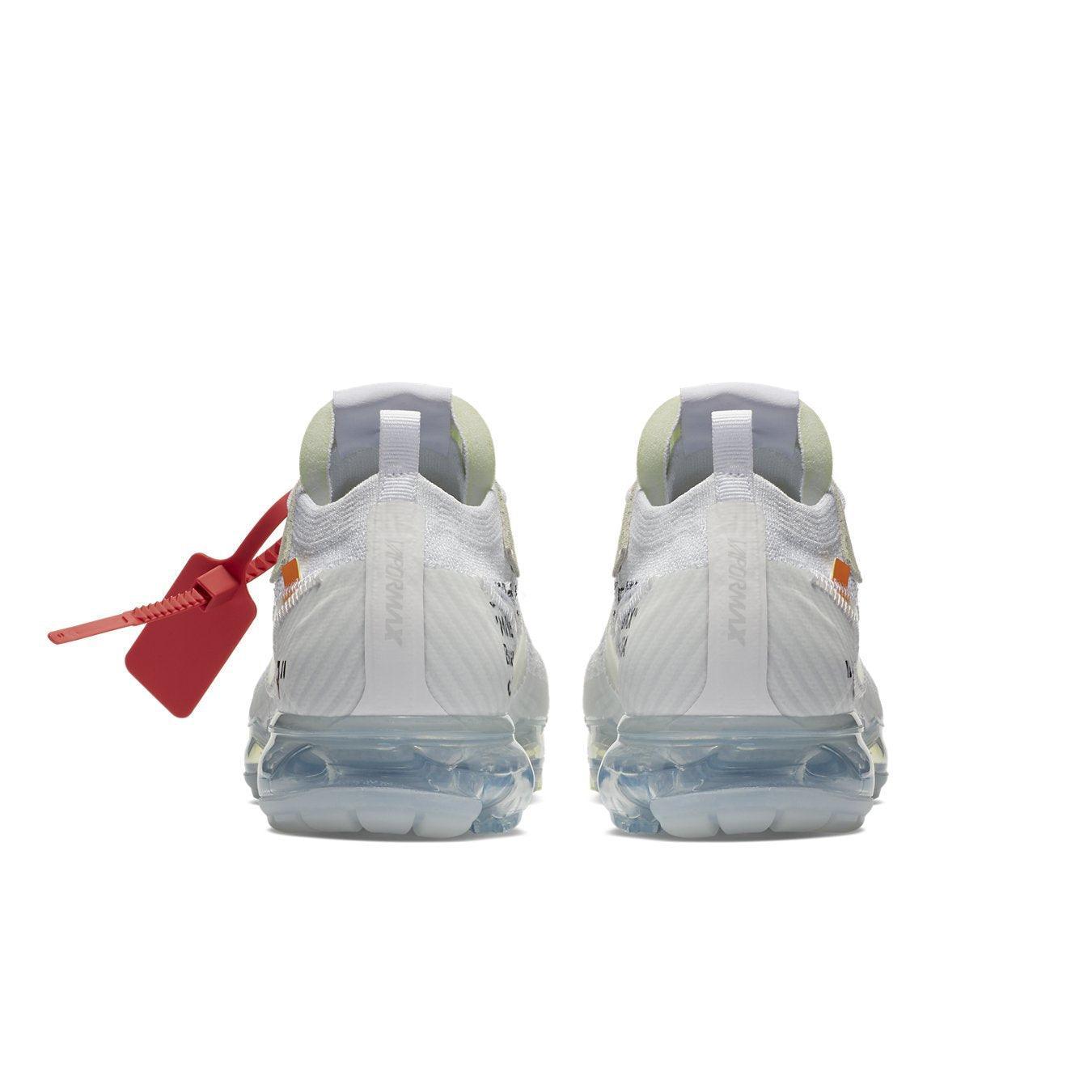 Nike Air Vapormax Off-White 2018 rear view showing white Flyknit design and signature red tag details.