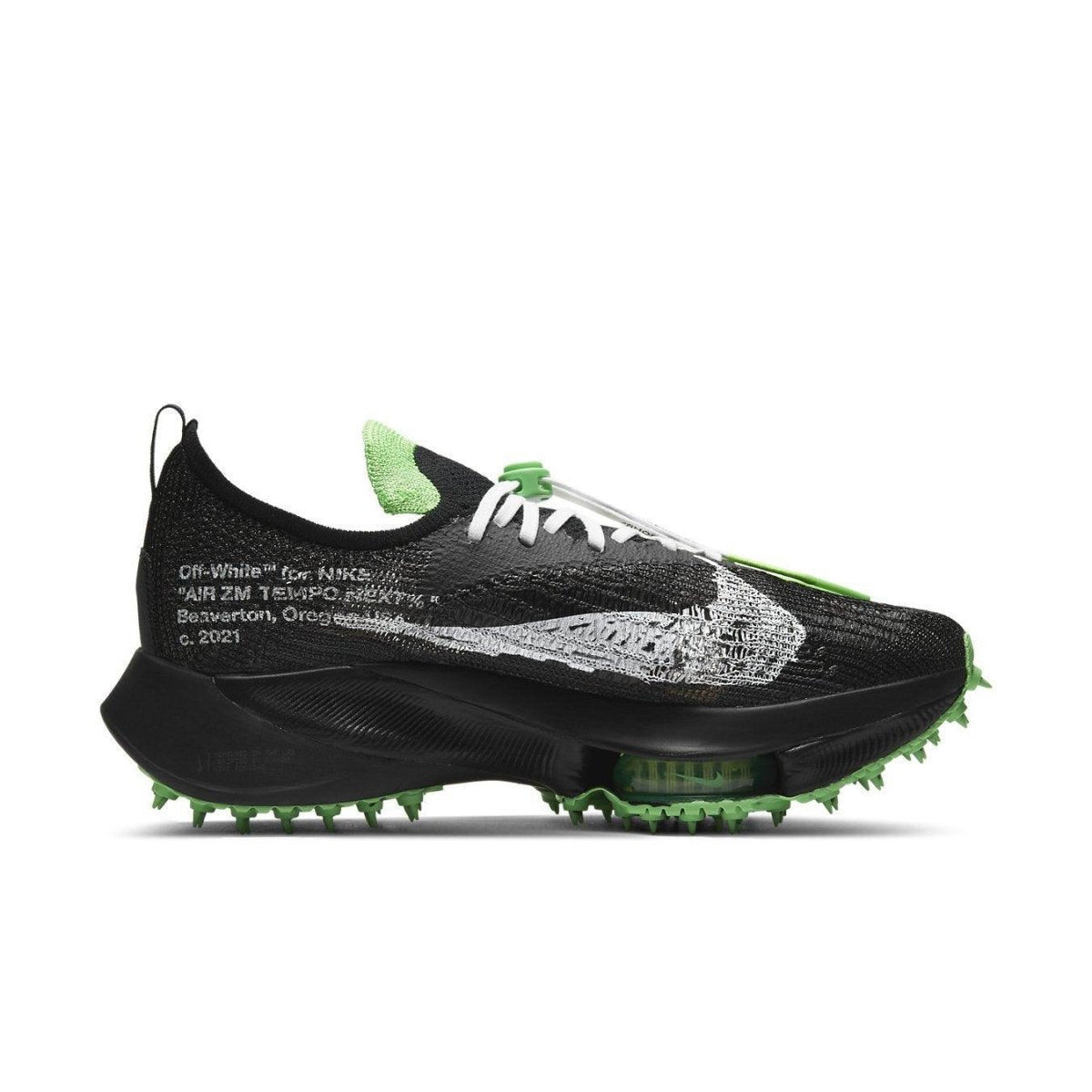 Nike Air Zoom Tempo NEXT% Off-White Black Scream Green with unique design elements and spiked rubber soles.