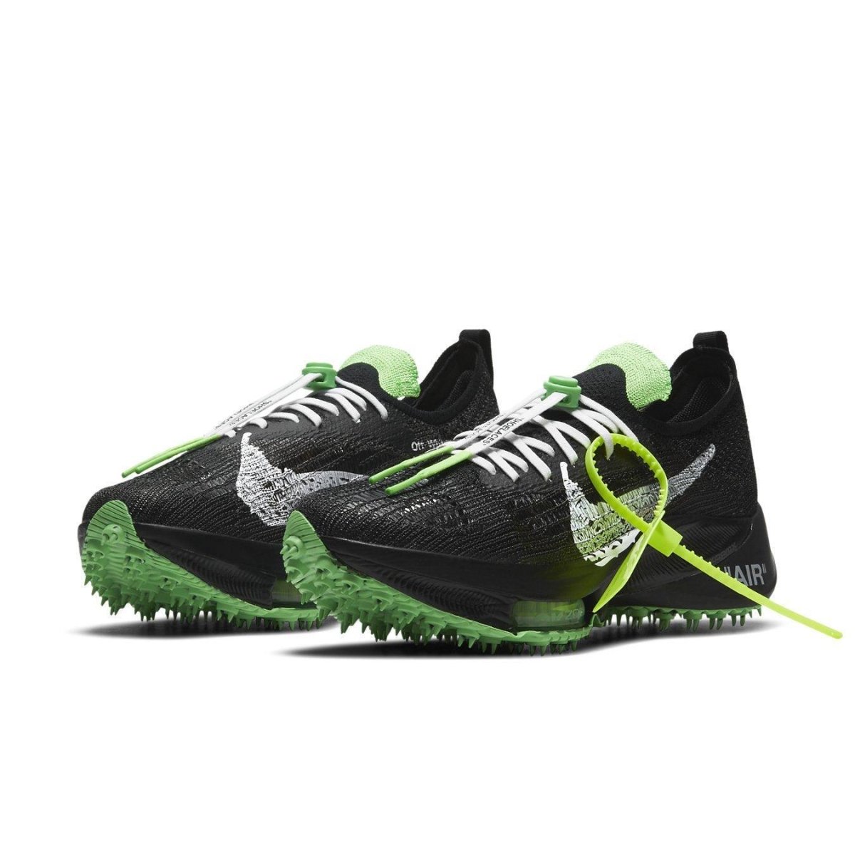 Nike Air Zoom Tempo NEXT% Off-White Black Scream Green sneakers featuring vibrant green accents and intricate design details.