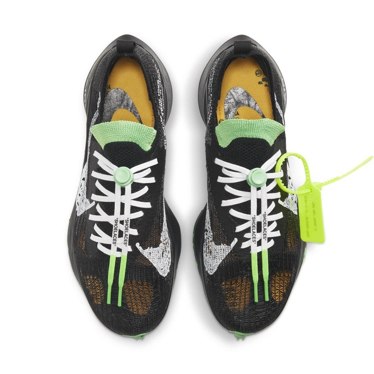 Nike Air Zoom Tempo NEXT% Off-White Black Scream Green shoes featuring unique lacing and Air Zoom technology.