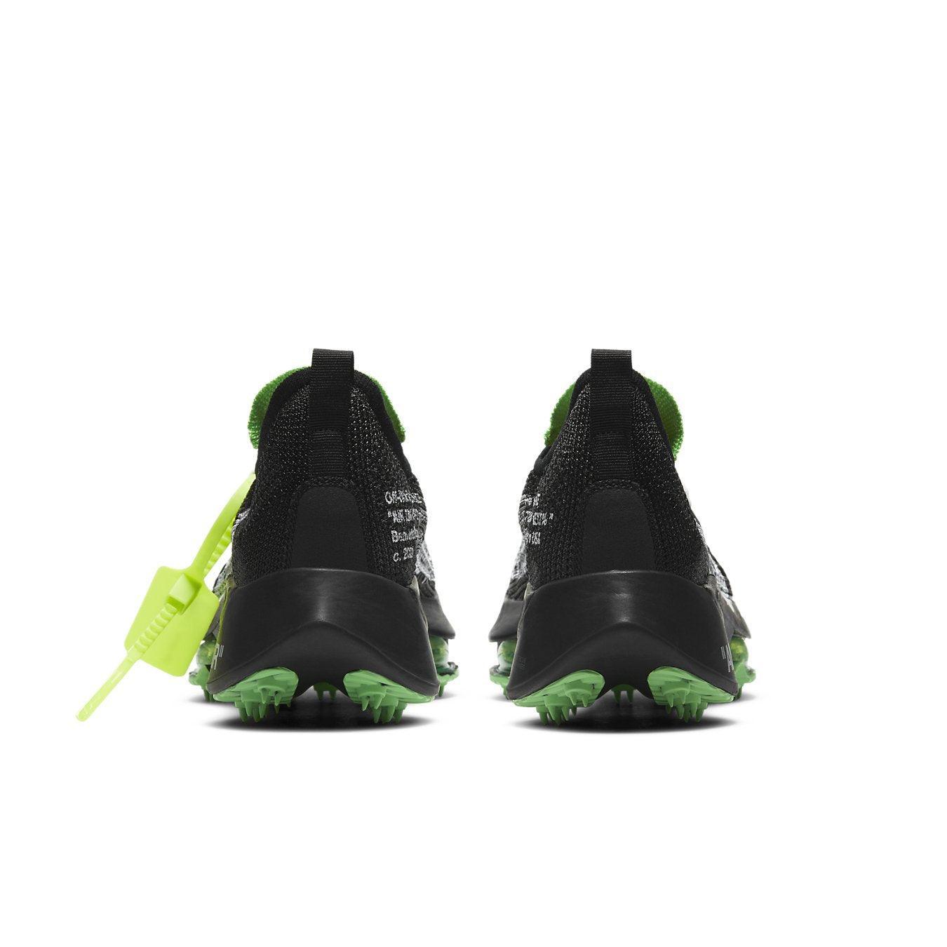 Nike Air Zoom Tempo NEXT% Off-White Black Scream Green rear view with distinctive details and green outsole.