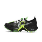 Nike Air Zoom Tempo NEXT% Off-White Black Scream Green features visible Air pod, distinctive laces, and rubber spikes.