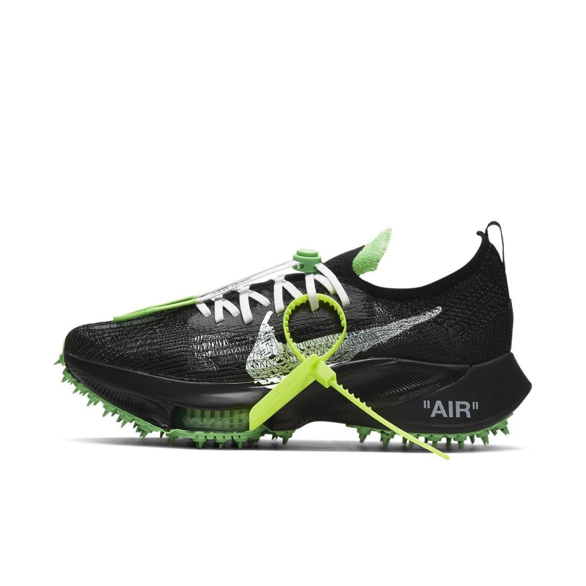 Nike Air Zoom Tempo NEXT% Off-White Black Scream Green features visible Air pod, distinctive laces, and rubber spikes.