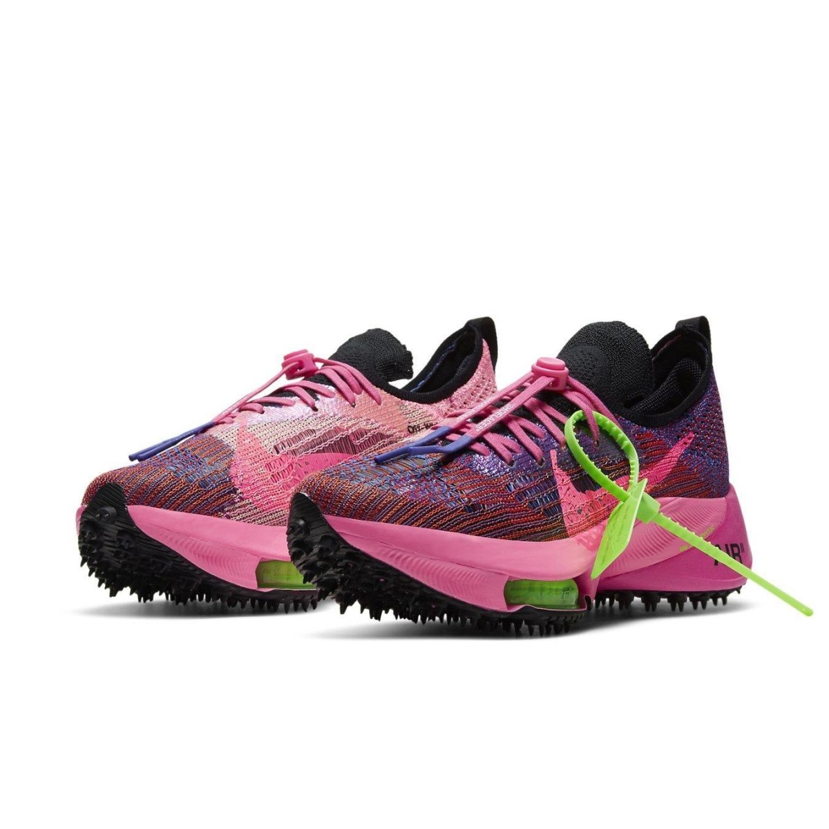 Nike Air Zoom Tempo NEXT% Off-White Racer Blue Pink Glow running shoes with vibrant color design and traction sole.