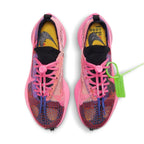 Nike Air Zoom Tempo NEXT% Off-White Racer Blue Pink Glow sneakers, featuring vibrant pink and mesh design.