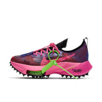 Nike Air Zoom Tempo NEXT% Off-White in Racer Blue and Pink Glow with unique design elements.
