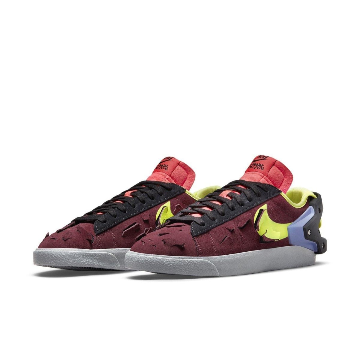 Nike Blazer Low Acronym in Night Maroon with ACRONYM logos, unique design features, and vibrant accents.