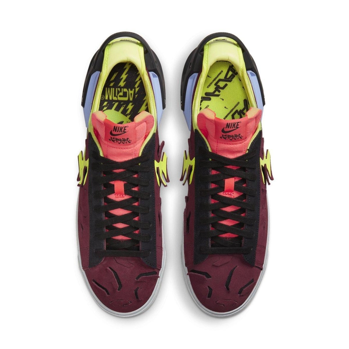 Nike Blazer Low Acronym Night Maroon shoes featuring vibrant colors and ACRONYM branding.