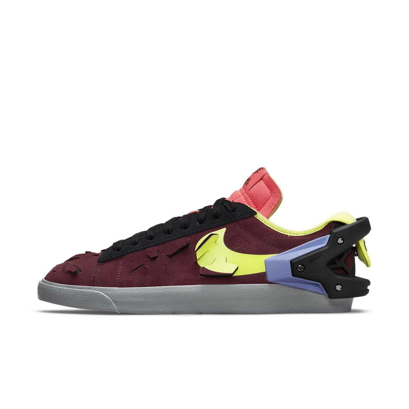 Nike Blazer Low Acronym Night Maroon sneaker featuring maroon suede, neon accents, and unique ACRONYM branding.