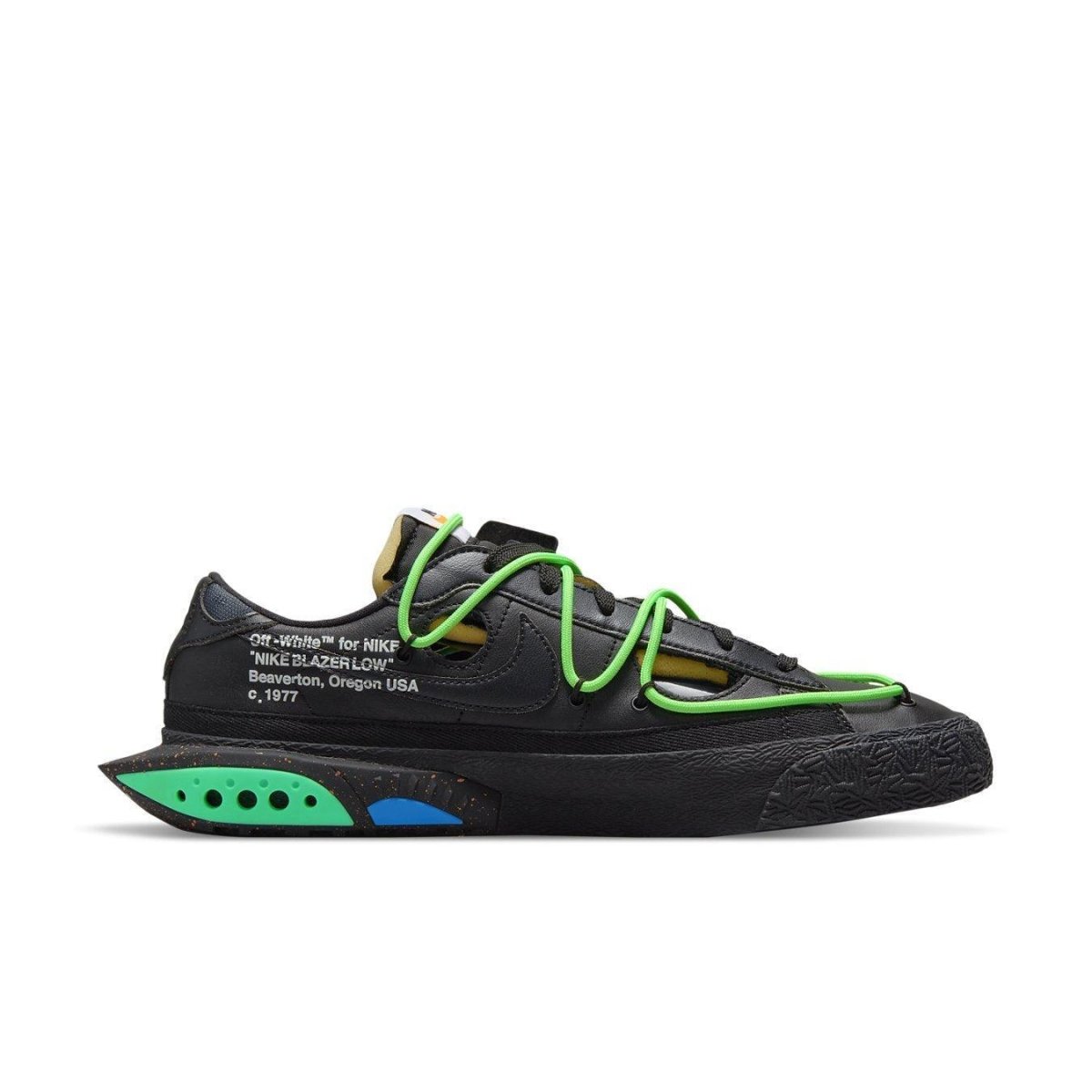 Nike Blazer Low Off-White Black Electro Green sneaker featuring distinctive yellow laces and vibrant green accents.