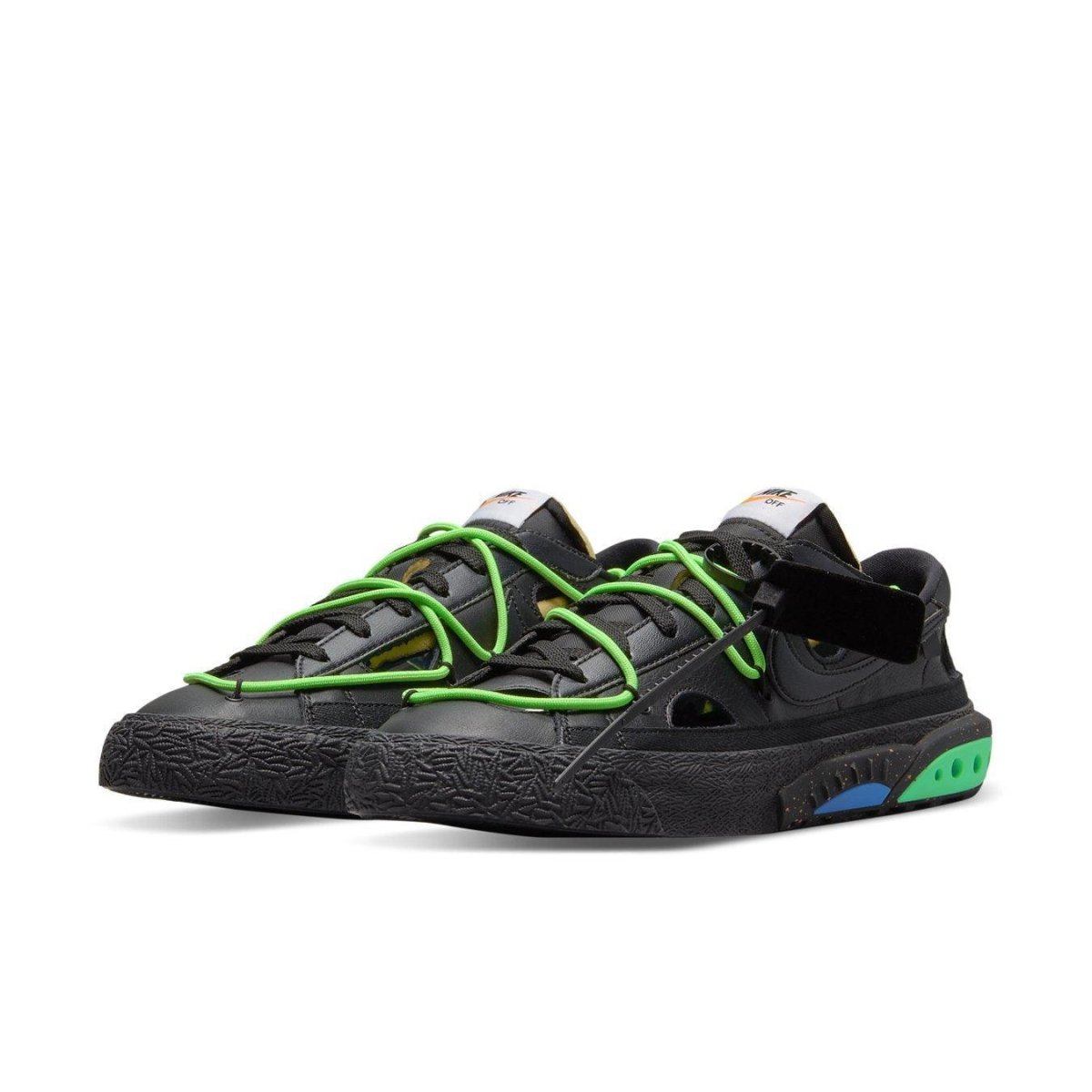 Nike Blazer Low Off-White in black and electro green with unique lacing system and distinctive design elements.