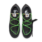 Nike Blazer Low Off-White Black Electro Green with unique lacing, black upper and green accents.