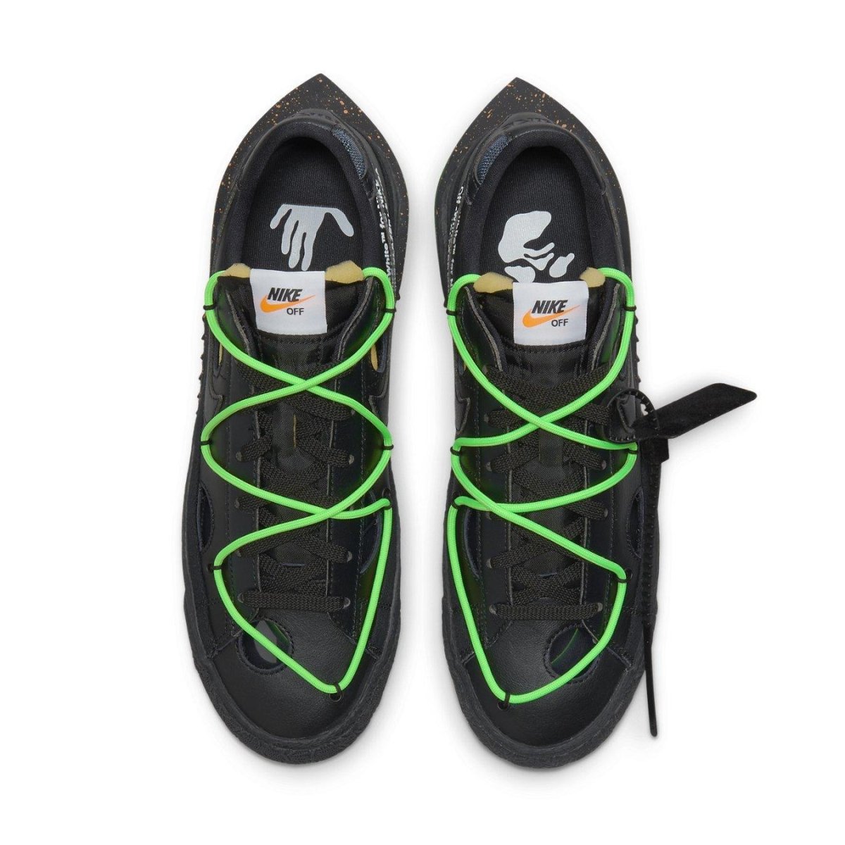 Nike Blazer Low Off-White Black Electro Green with unique lacing, black upper and green accents.