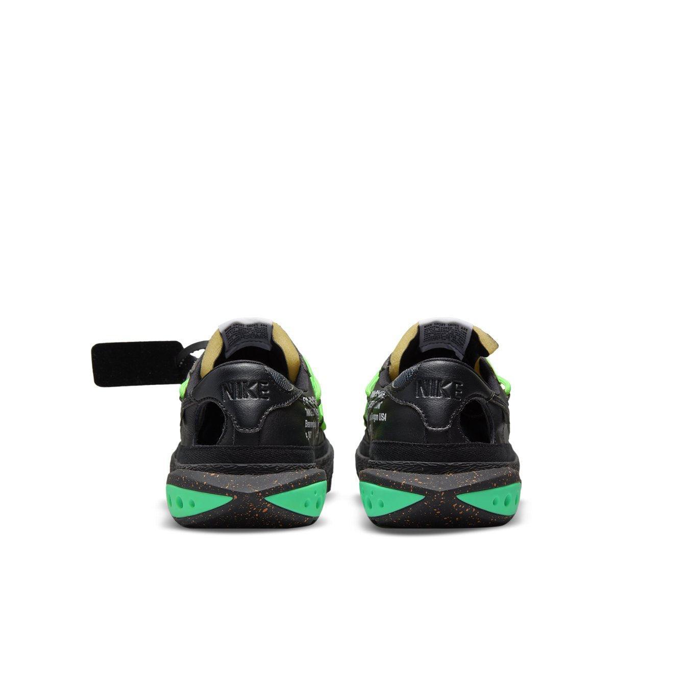 Rear view of Nike Blazer Low Off-White Black Electro Green sneakers featuring vibrant green accents.