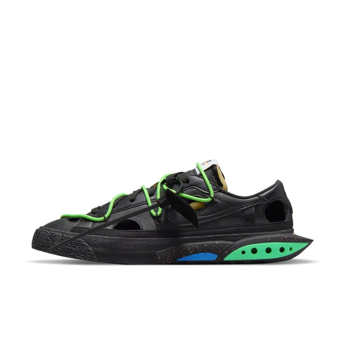 Nike Blazer Low Off-White Black Electro Green sneaker profile view with green laces and accents.