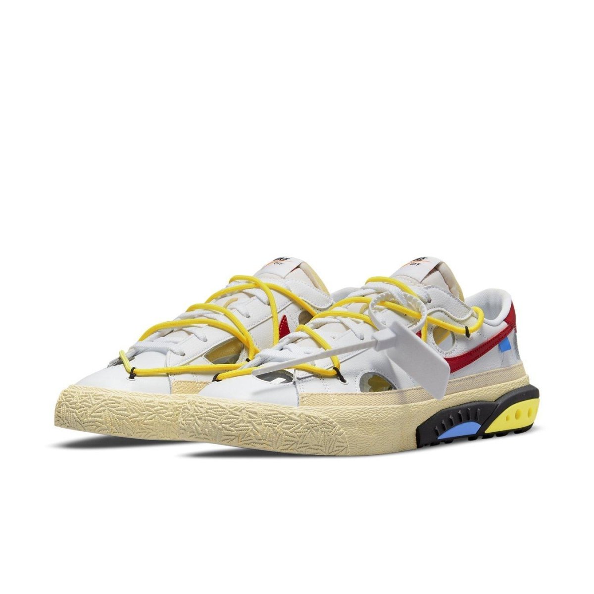 Nike Blazer Low Off-White University Red with yellow laces, white leather upper, and colorful accents.