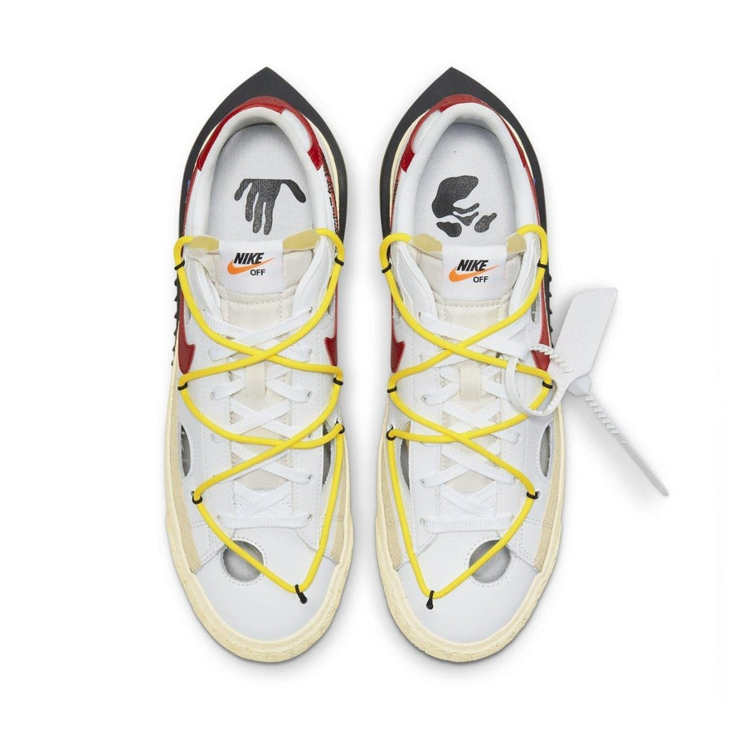 Nike Blazer Low Off-White University Red featuring yellow laces and cut-out details on white leather.