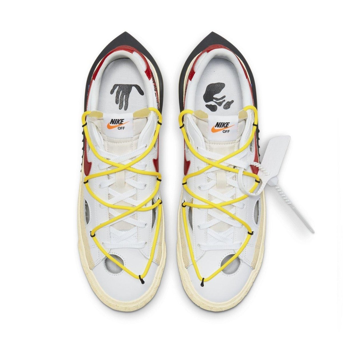 Nike Blazer Low Off-White University Red featuring yellow laces and cut-out details on white leather.