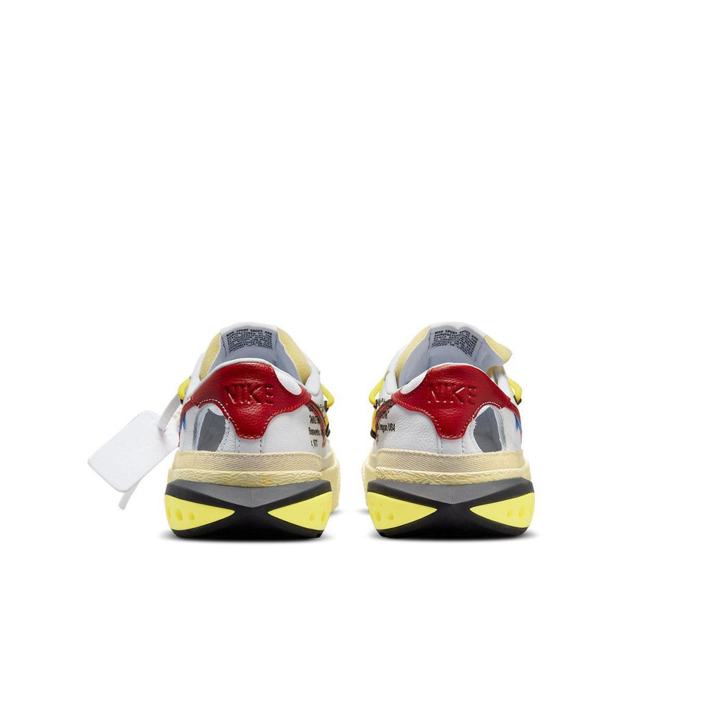 Nike Blazer Low Off-White University Red rear view with red and yellow accents.