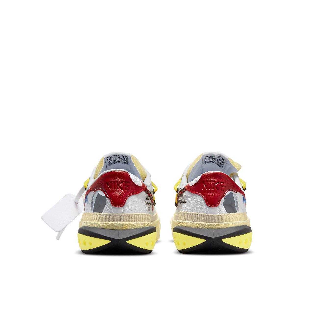 Nike Blazer Low Off-White University Red rear view with red and yellow accents.