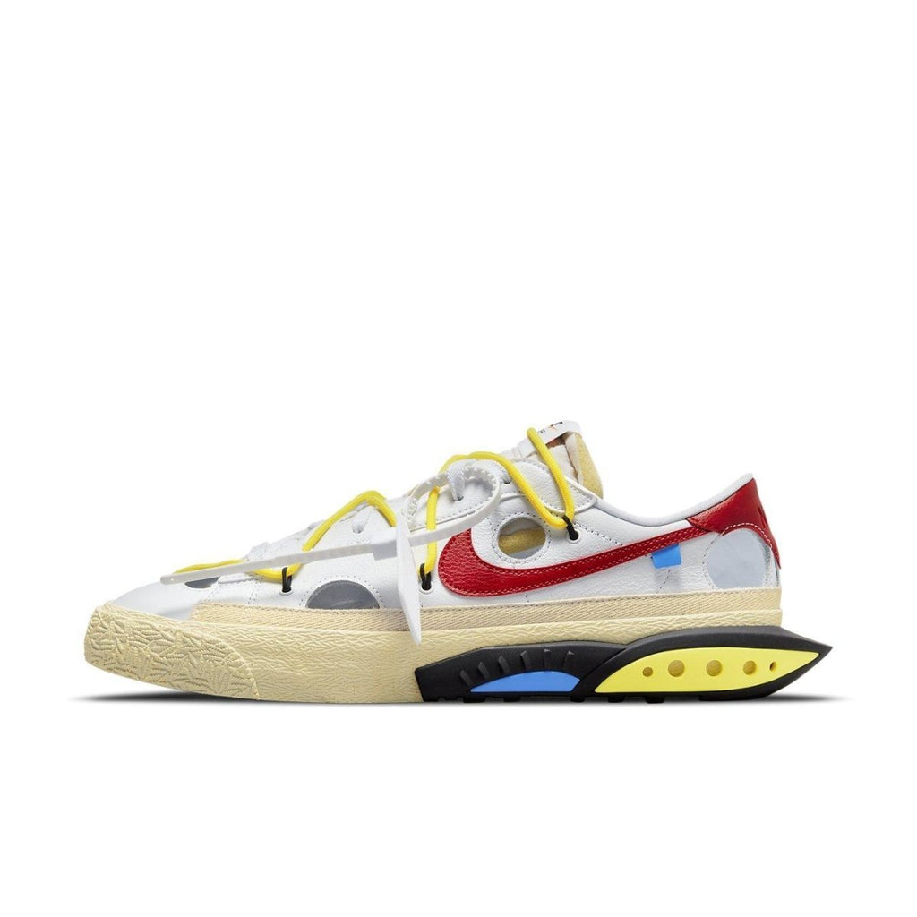 Nike Blazer Low Off-White University Red with yellow lacing and circular cutouts in white leather.
