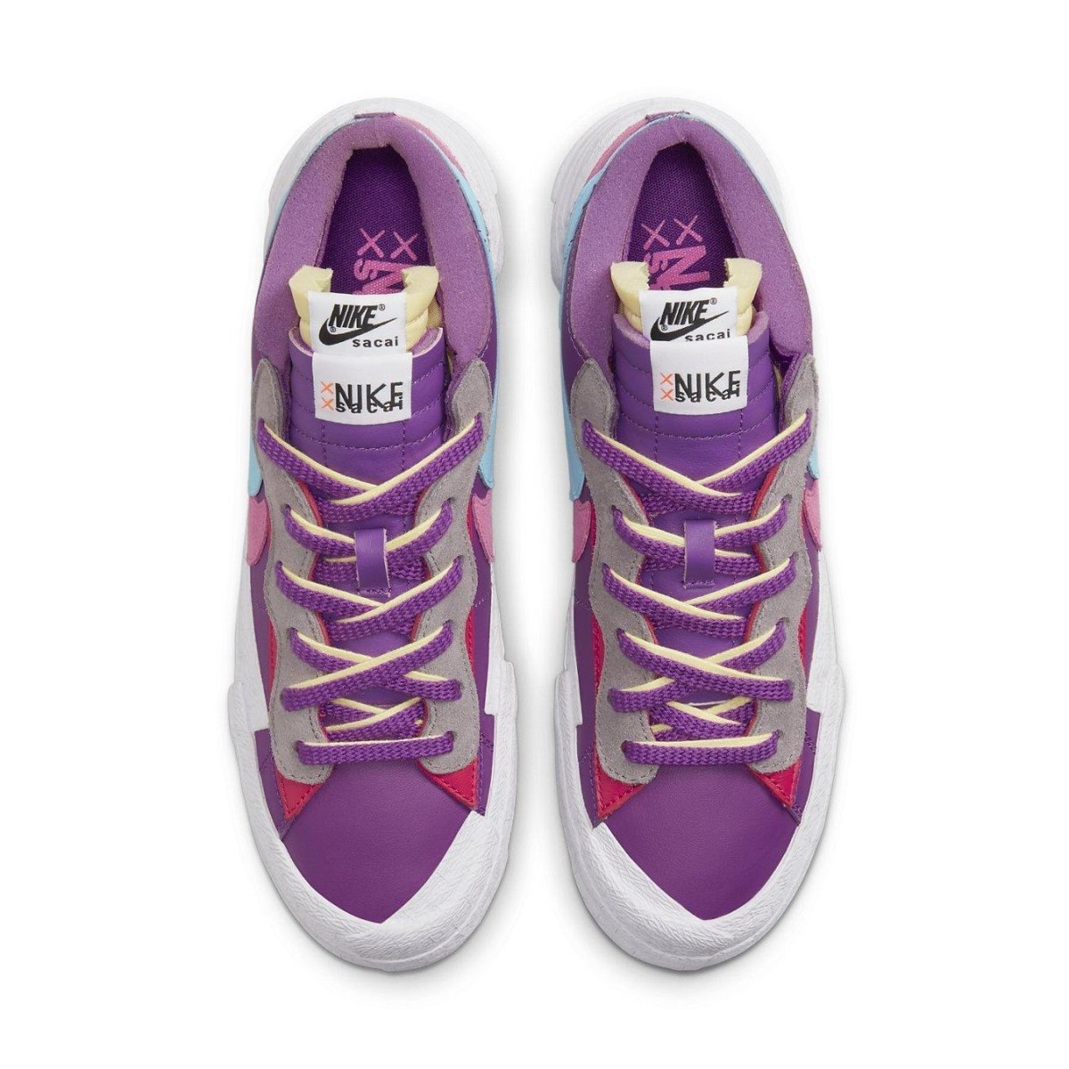 Nike Blazer Low sacai KAWS in Purple Dusk featuring vibrant purple and gray details on the upper.