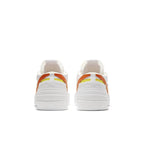 Nike Blazer Low sacai White Magma Orange rear view showcasing the distinctive overlapping Swoosh design.