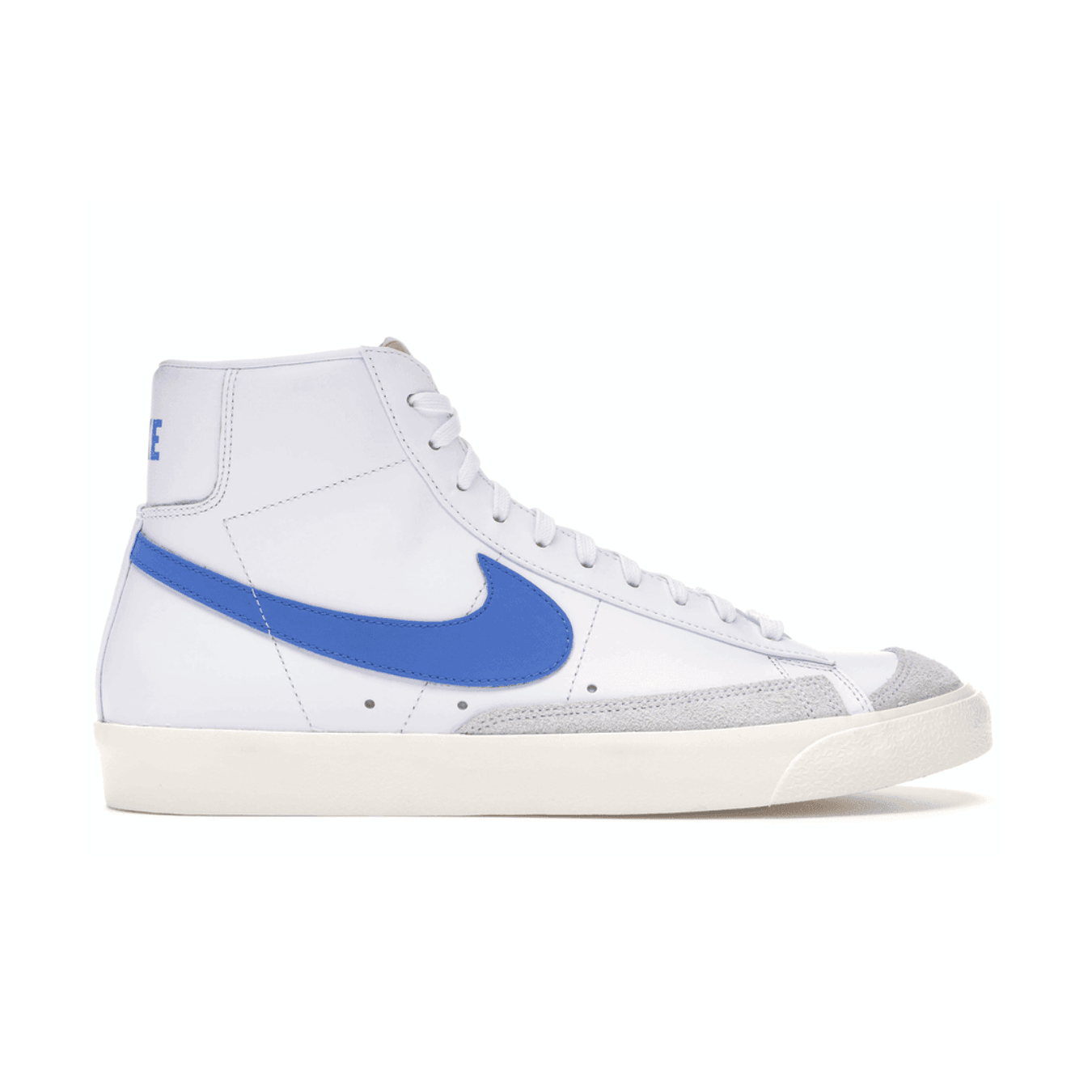 Nike Blazer Mid 77 sneakers in Sail White with Pacific Blue Swoosh and gray accents.