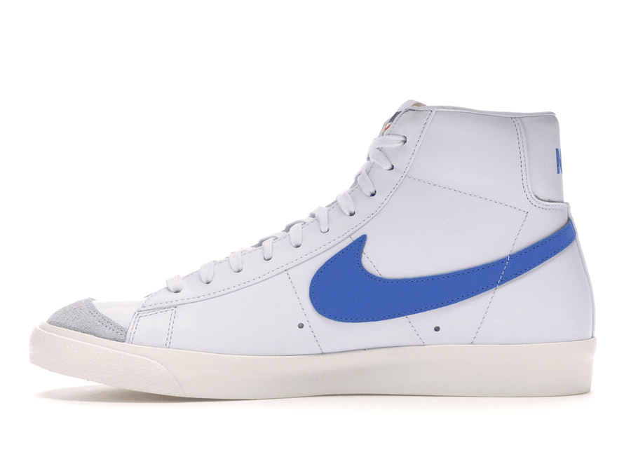 Nike Blazer Mid 77 in Sail White with Pacific Blue accents on sides and heel, showcasing a stylish high-top design.