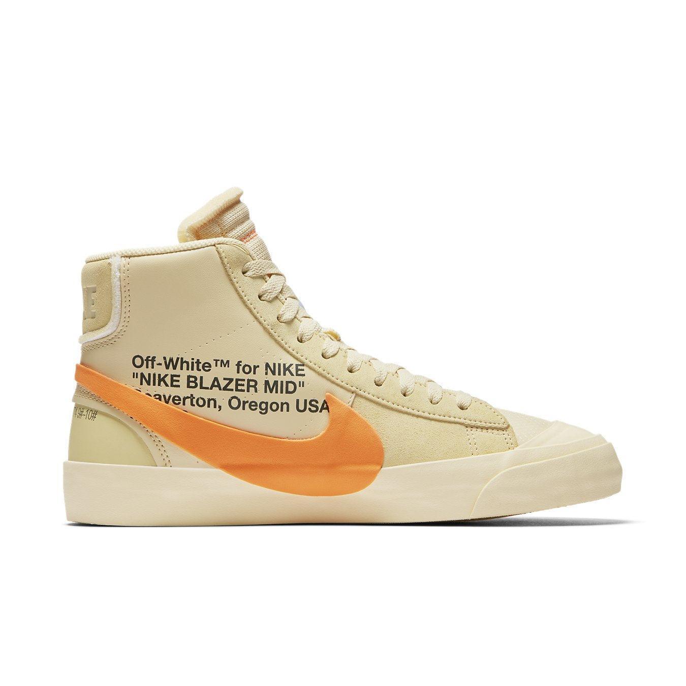 Nike Blazer Mid Off-White All Hallow's Eve in orange and cream with Hyper Jade accents and distinctive design.