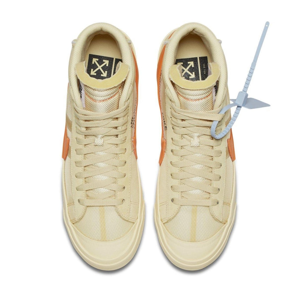 Nike Blazer Mid Off-White 'All Hallow's Eve' in orange and beige, featuring Hyper Jade accents and unique styling.