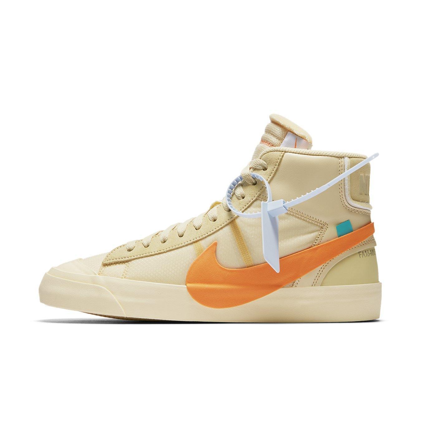 Nike Blazer Mid Off-White All Hallow's Eve shoe in orange and beige with Hyper Jade accents.