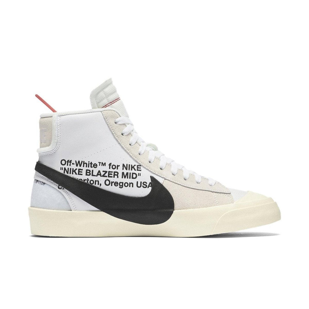 Nike Blazer Mid Off-White featuring rubber midsole, black Swoosh, and Off-White branding in cream color.
