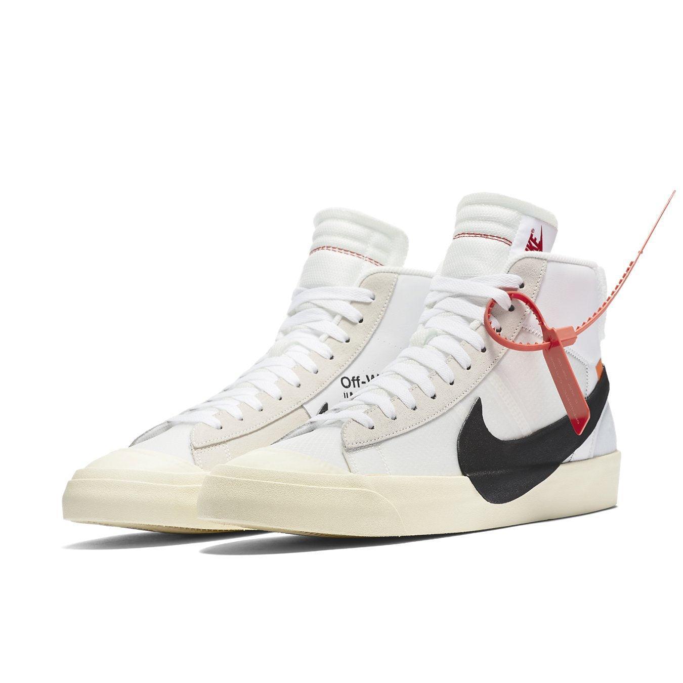 Nike Blazer Mid Off-White featuring cream midsole, black Swoosh, and unique Off-White craftsmanship details.