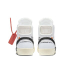 Back view of Nike Blazer Mid Off-White shoes featuring rubber midsole and distinct black Swoosh.