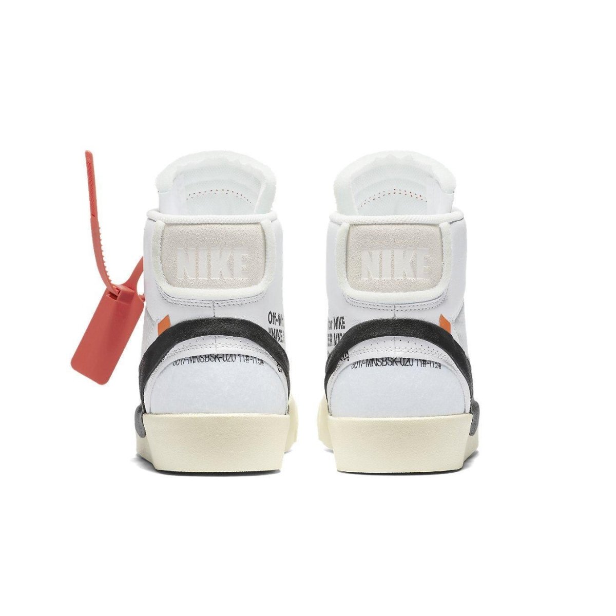 Back view of Nike Blazer Mid Off-White shoes featuring rubber midsole and distinct black Swoosh.