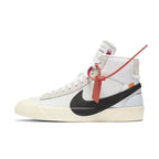 Nike Blazer Mid Off-White featuring cream midsole, black Swoosh, and vibrant orange accents.
